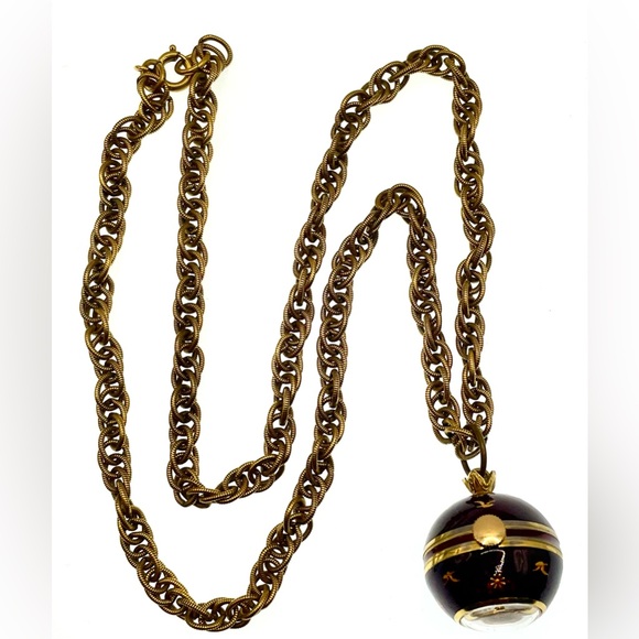 Vintage 1960s Signed Jean Perret Gold Tone Red Enamel Orb Necklace Watch Working - Picture 14 of 14